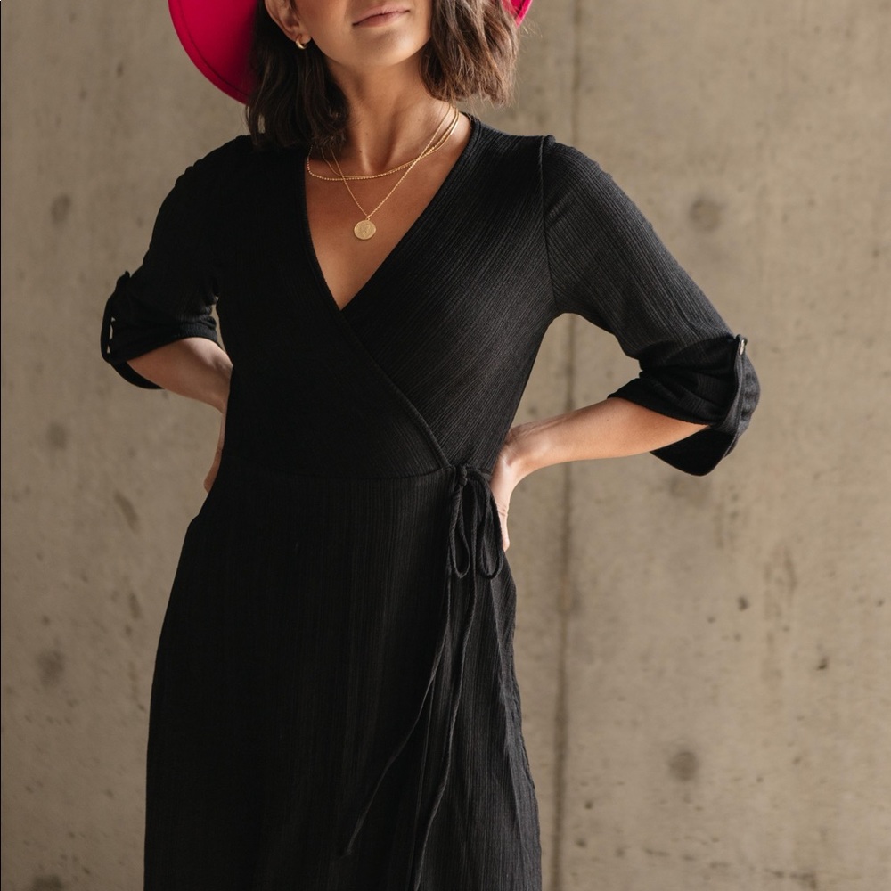 Black Ribbed Knit Midi Wrap Dress - Picture 3 of 16